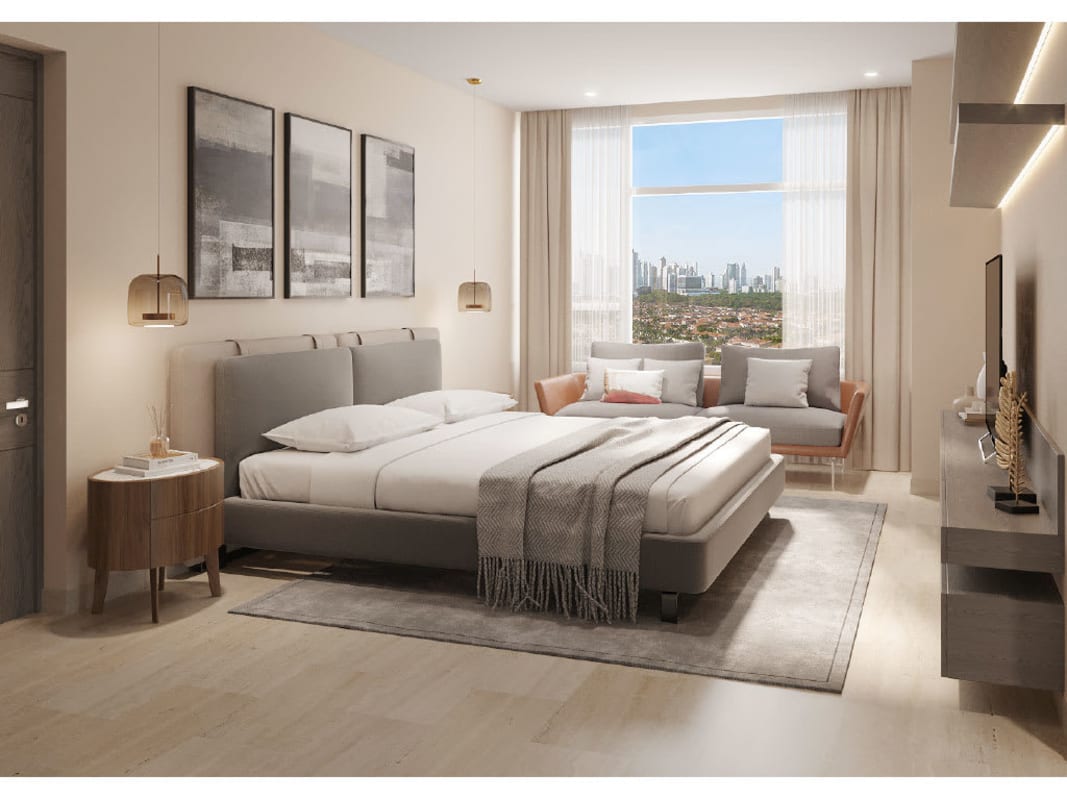 Modern bedroom with large windows city view in PH Celeste Panama