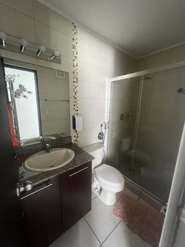 Modern bathroom with mosaic tiles, granite vanity, glass shower PH Lefevre 75