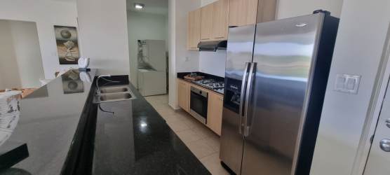 Contemporary kitchen with black granite, appliances at Bijao Beachfront Condo Panama