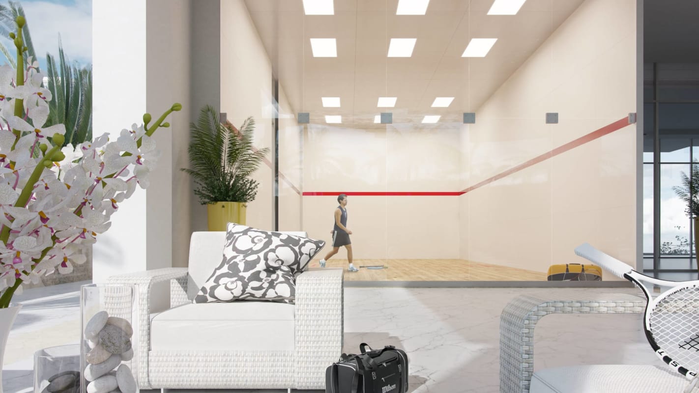 Contemporary lobby with terrazzo walls, green sofas, reception desk PH Velure El Cangrejo Panama