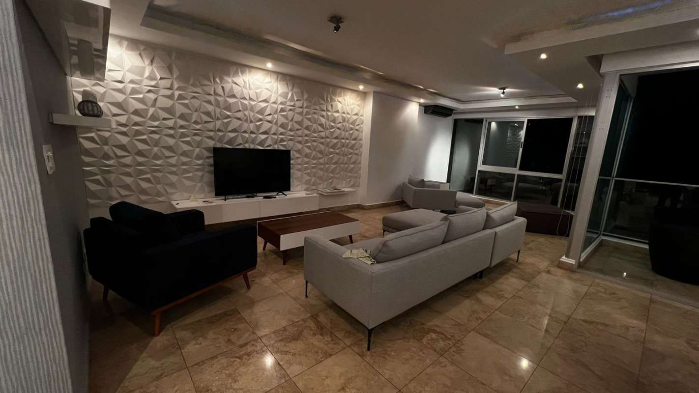 Modern bathroom with marble countertop double sinks mirrors and elegant tile PH Titanium Panama