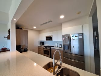 Contemporary fully equipped kitchen granite counters appliances beachfront condo Buenaventura Panama