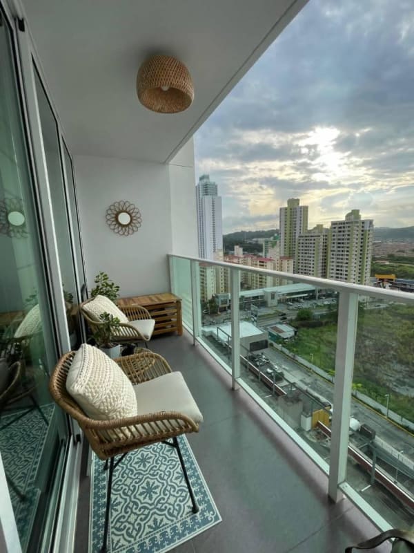 Bathroom with glass shower, black fixtures, mosaic tiles in Kings Park Tower 200 Panama