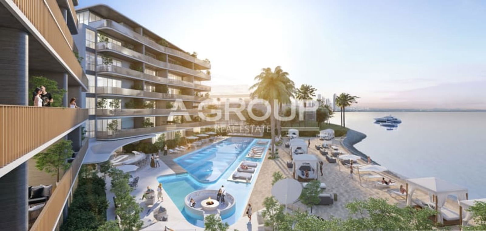 Modern waterfront condominium complex with infinity pool, private beach and cabanas at Seascape Ocean Reef Islands Panama