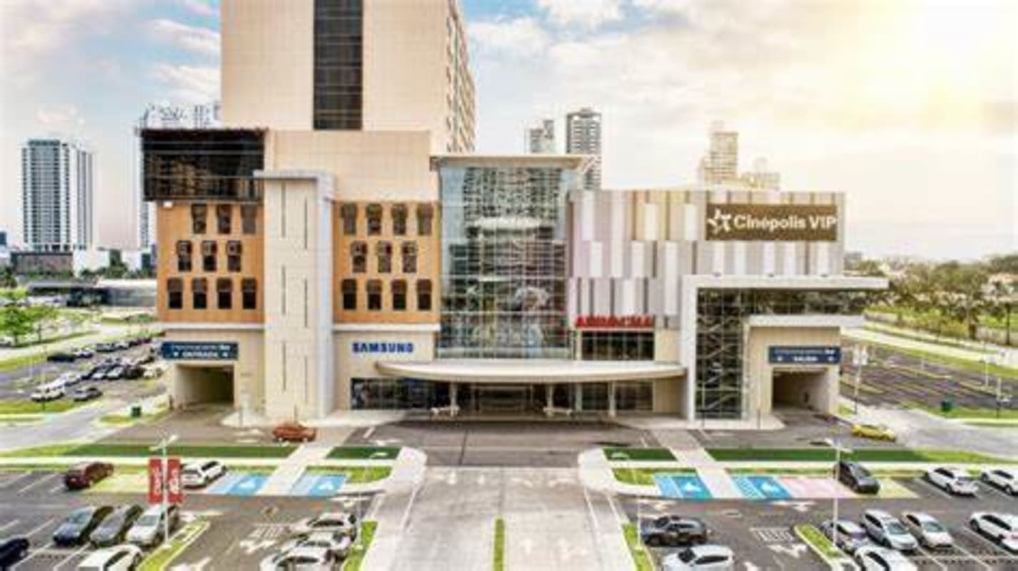 Multi-level commercial complex glass facade parking Town Center Costa del Este Panama