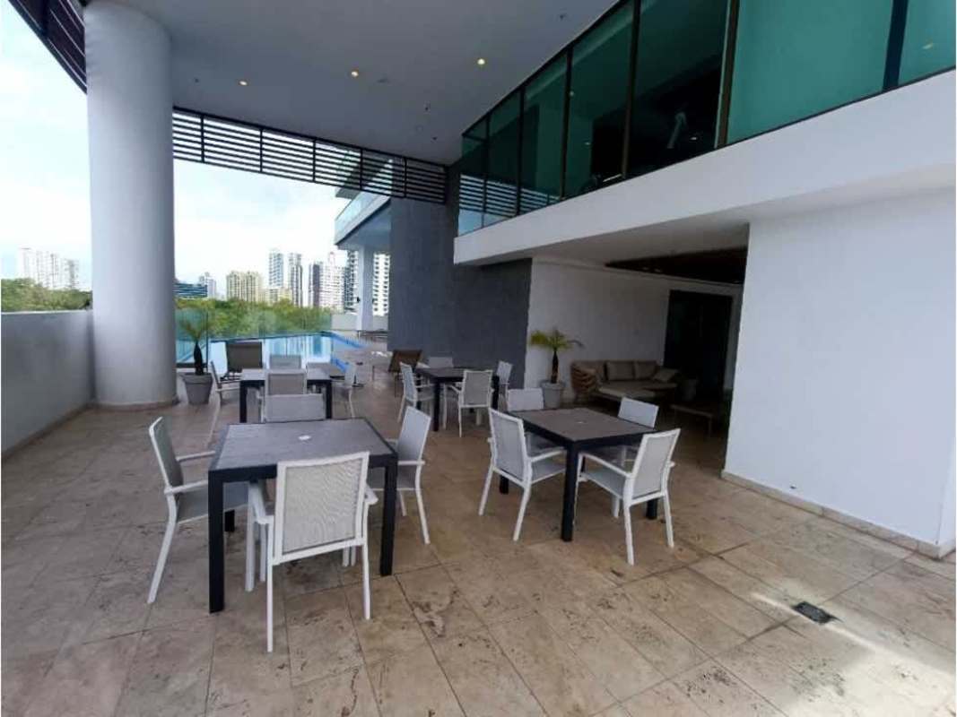 Modern outdoor social area with city and ocean views in PH Park Lane Costa del Este