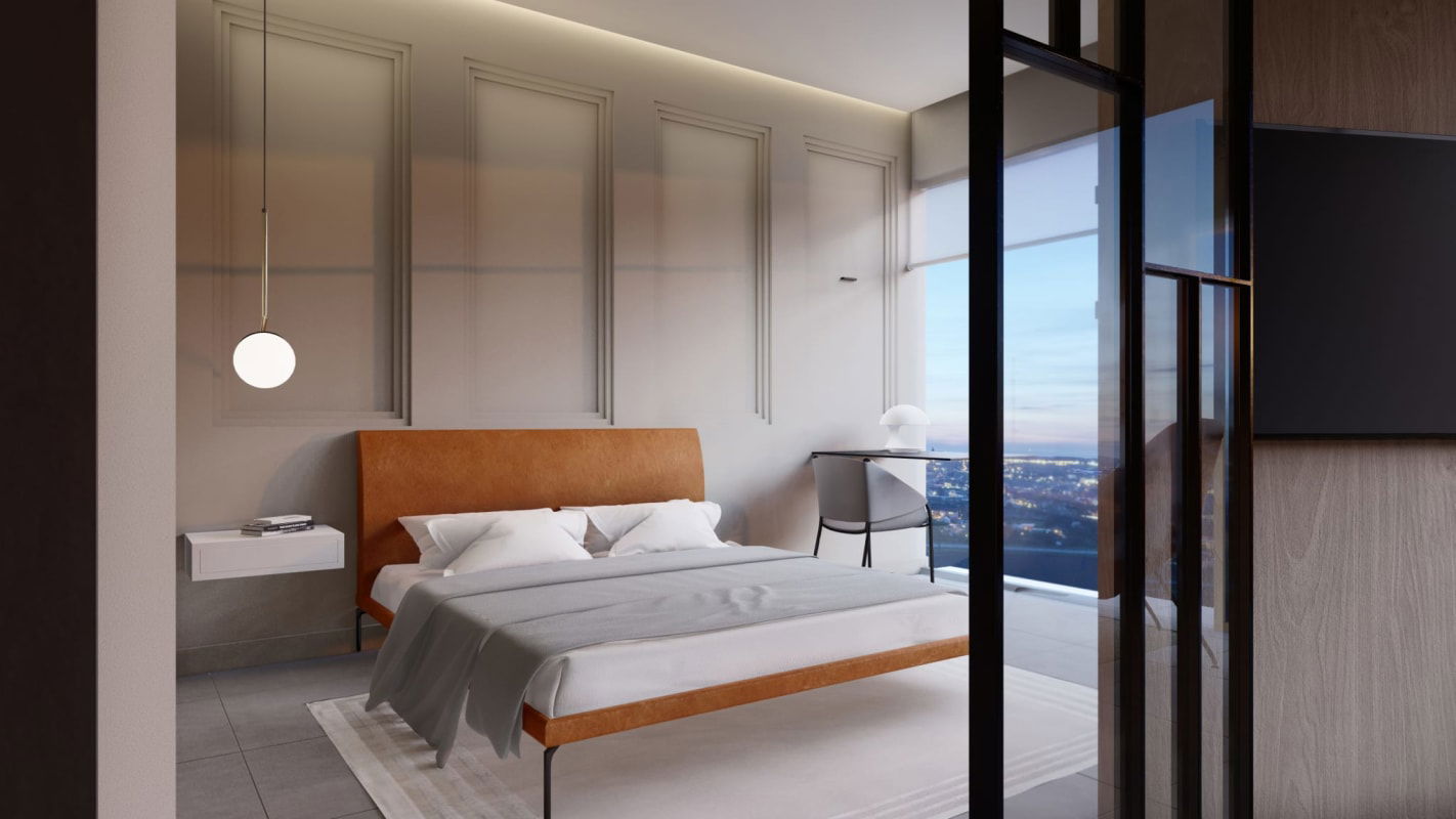 Bedroom with panoramic window, leather bed, city skyline in PH Generation JR