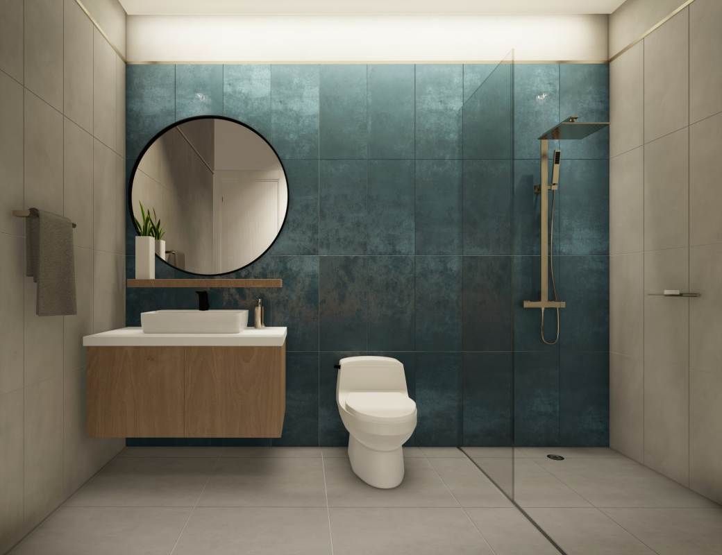 Contemporary bathroom with glass shower, wood vanity, and modern finishes PH Generation JR