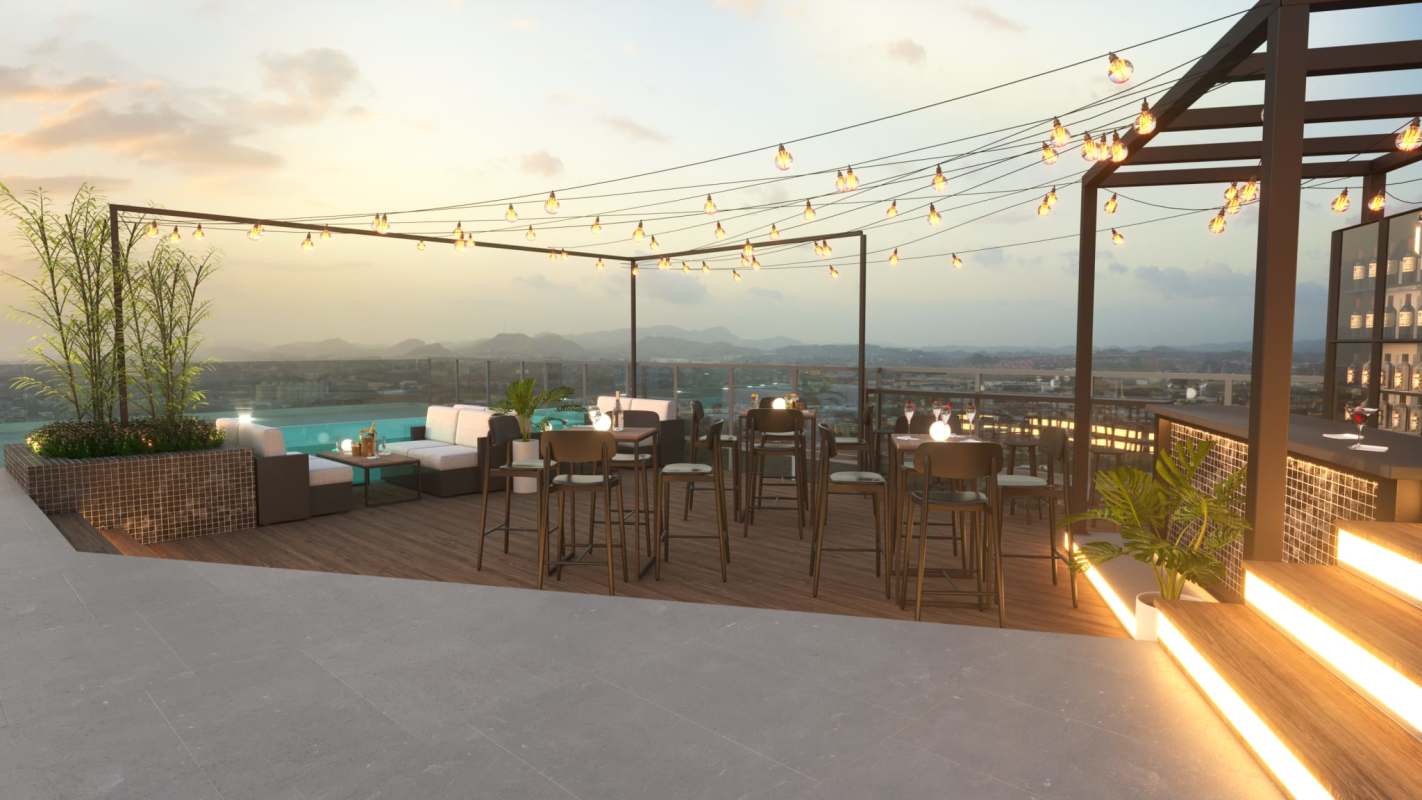 Stylish rooftop terrace with lounge seating and cityscape view PH Generation JR Costa del Este