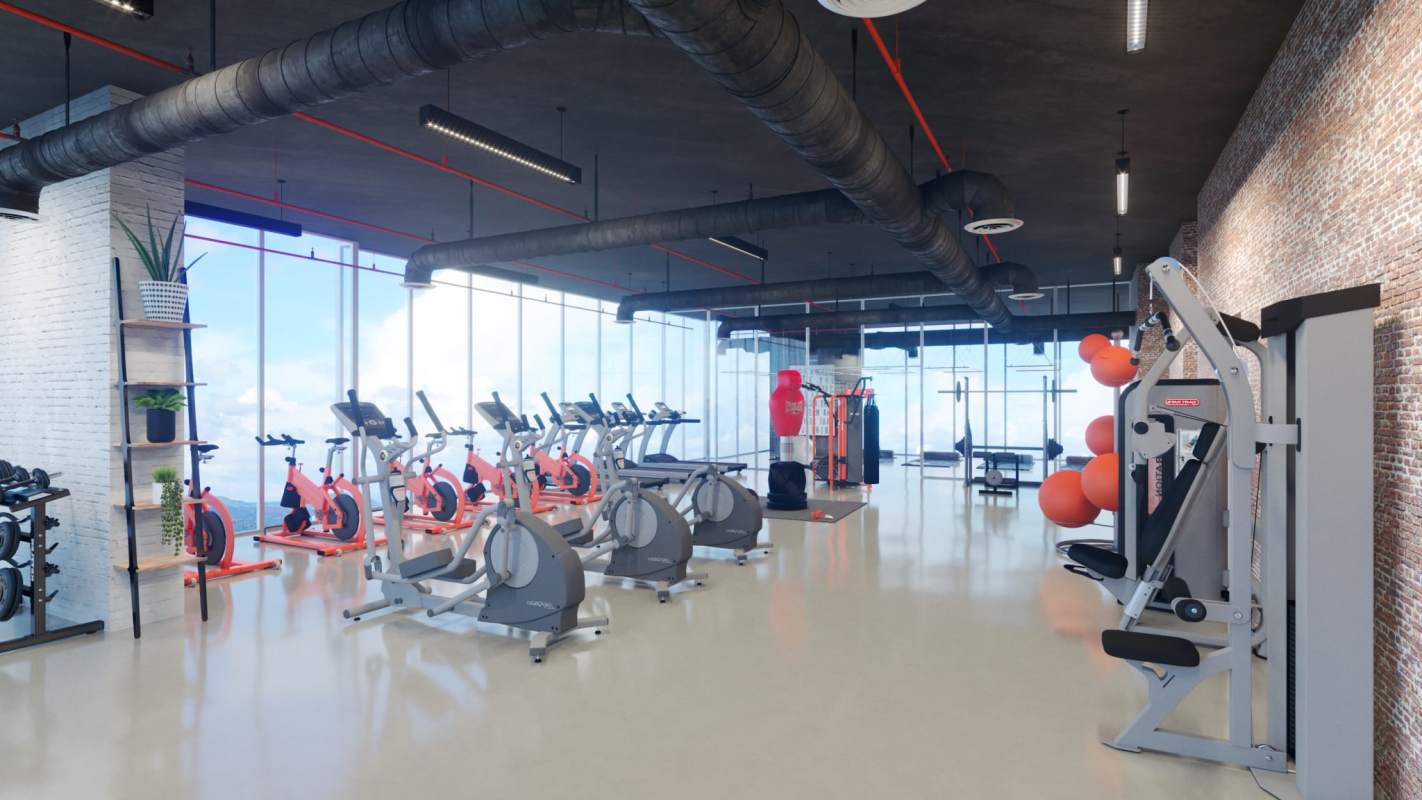 Fitness center with city views, modern equipment, industrial style PH Generation JR