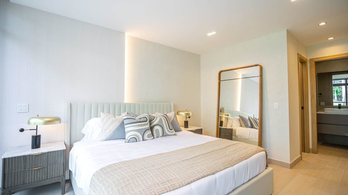 Modern kitchen with quartz countertops and floor-to-ceiling windows in Nogal Costa del Este Panama