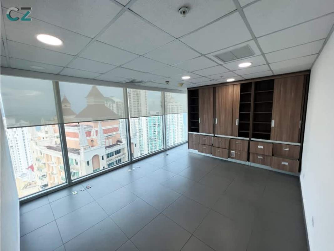 Private corporate office with city view and storage cabinets in Oceania Business Plaza Panama City