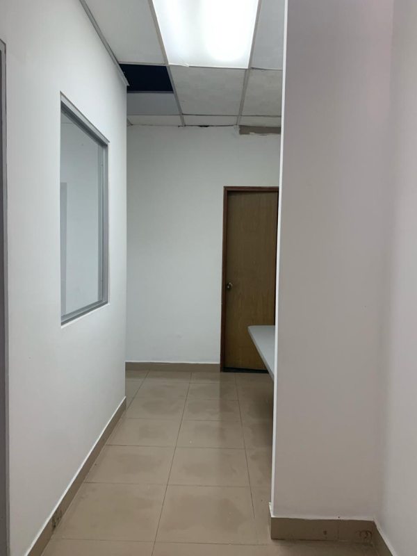 Narrow office hallway with white walls, wood door, interior window in Via España Plaza Panama City