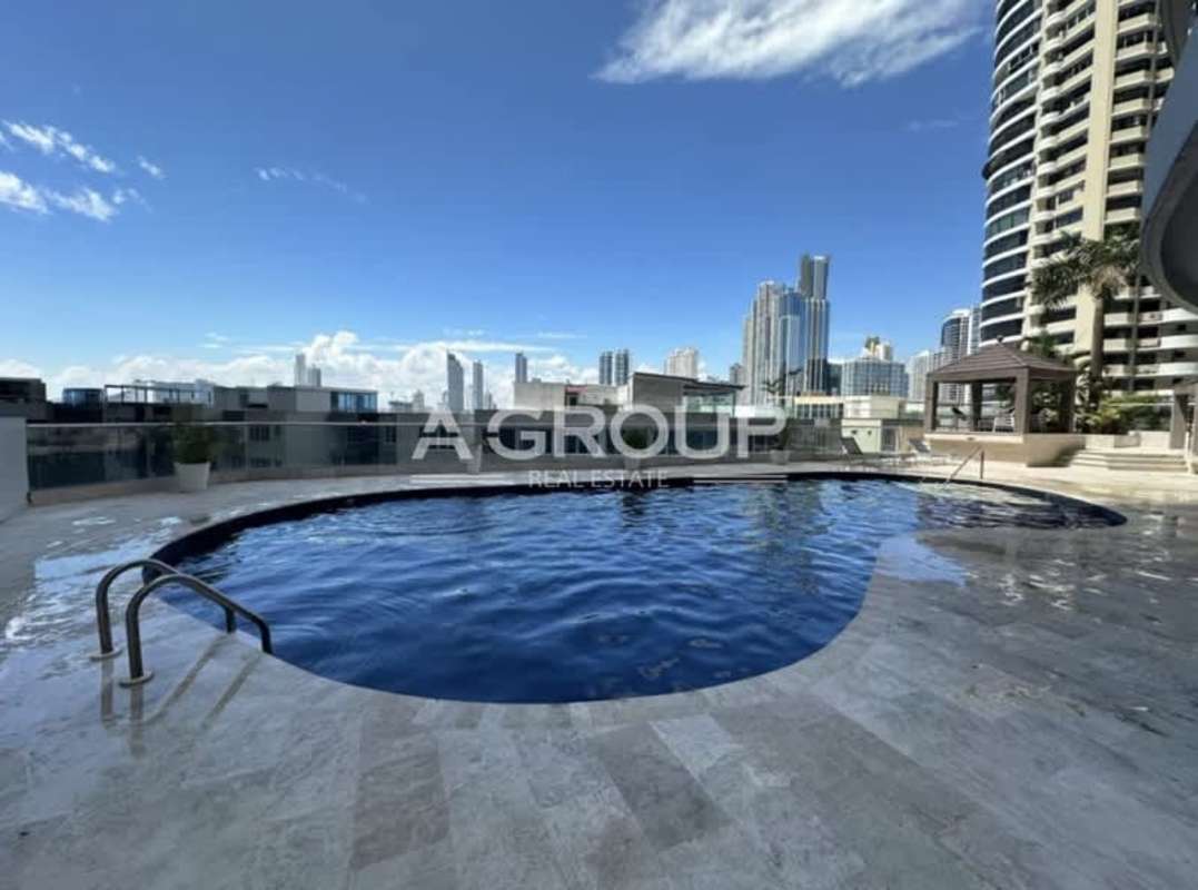 Rooftop pool sunbathing area ocean and city panorama Punta Paitilla