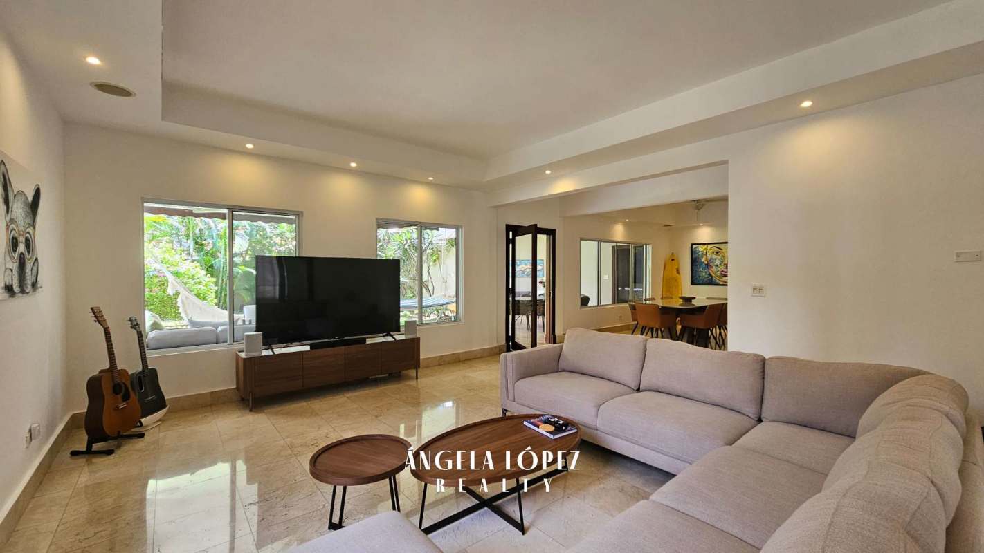Modern kitchen with center island, stainless appliances in Costa del Este luxury villa
