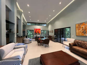 Bathroom with glass shower, vessel sink, gray tiles in Altos del María Panama