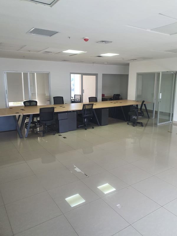Aerial of Panama City waterfront skyline with bay view from Avenida Balboa high-rise office building