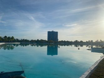 Modern furnished living room overlooking the Pacific ocean for rent at Playa Blanca condo Panama