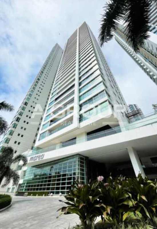 Tall luxury high-rise condo PH Marea Costa del Este with blue glass modern exterior Panama City