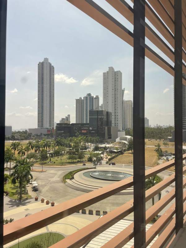 Skyline view toward Costa del Este through large commercial office window Torre Palmeras
