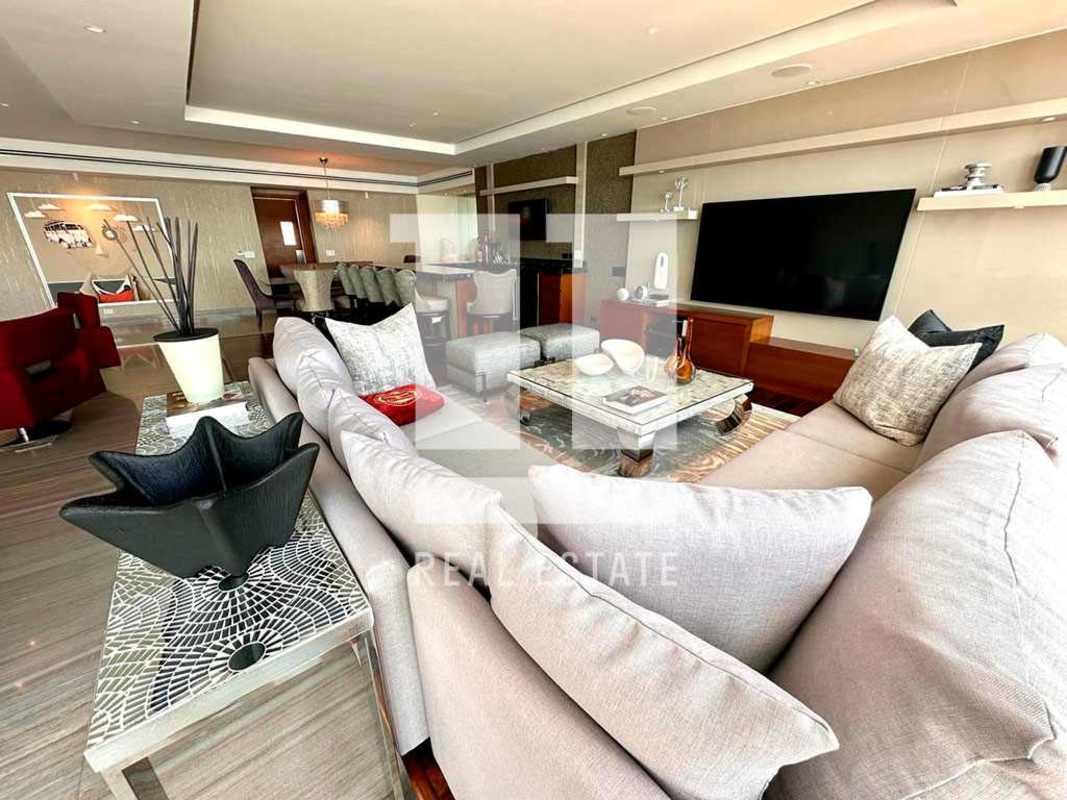 Elegant open living room with built-in entertainment center PH Ocean Sky Panama