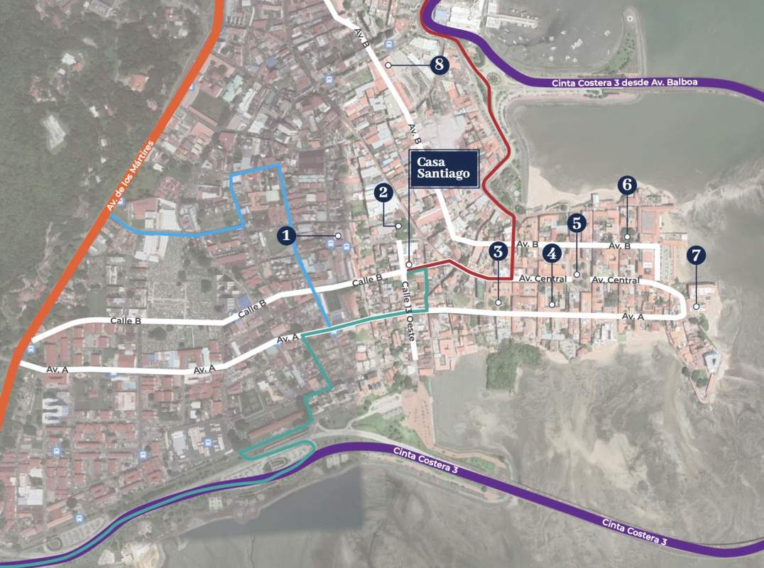 City map with highlighted Casa Santiago location near coastline historic center Panama