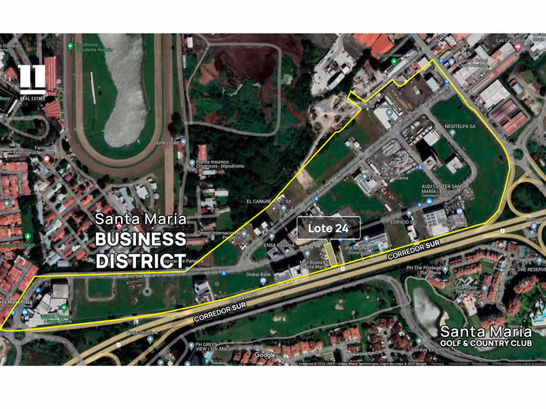 Map of Santa Maria Business District showing location of commercial lot near Corredor Sur and golf club Panama City