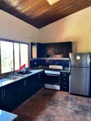 Contemporary kitchen with dark cabinets, stainless appliances, wood ceiling in mountain house rental Panama