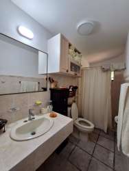 Bedroom with blue accent wall, tiled floor, windows with garden view at Coronado beach house