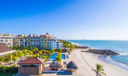 Aerial of Buenaventura resort community beach marina tropical gardens Panama luxury real estate