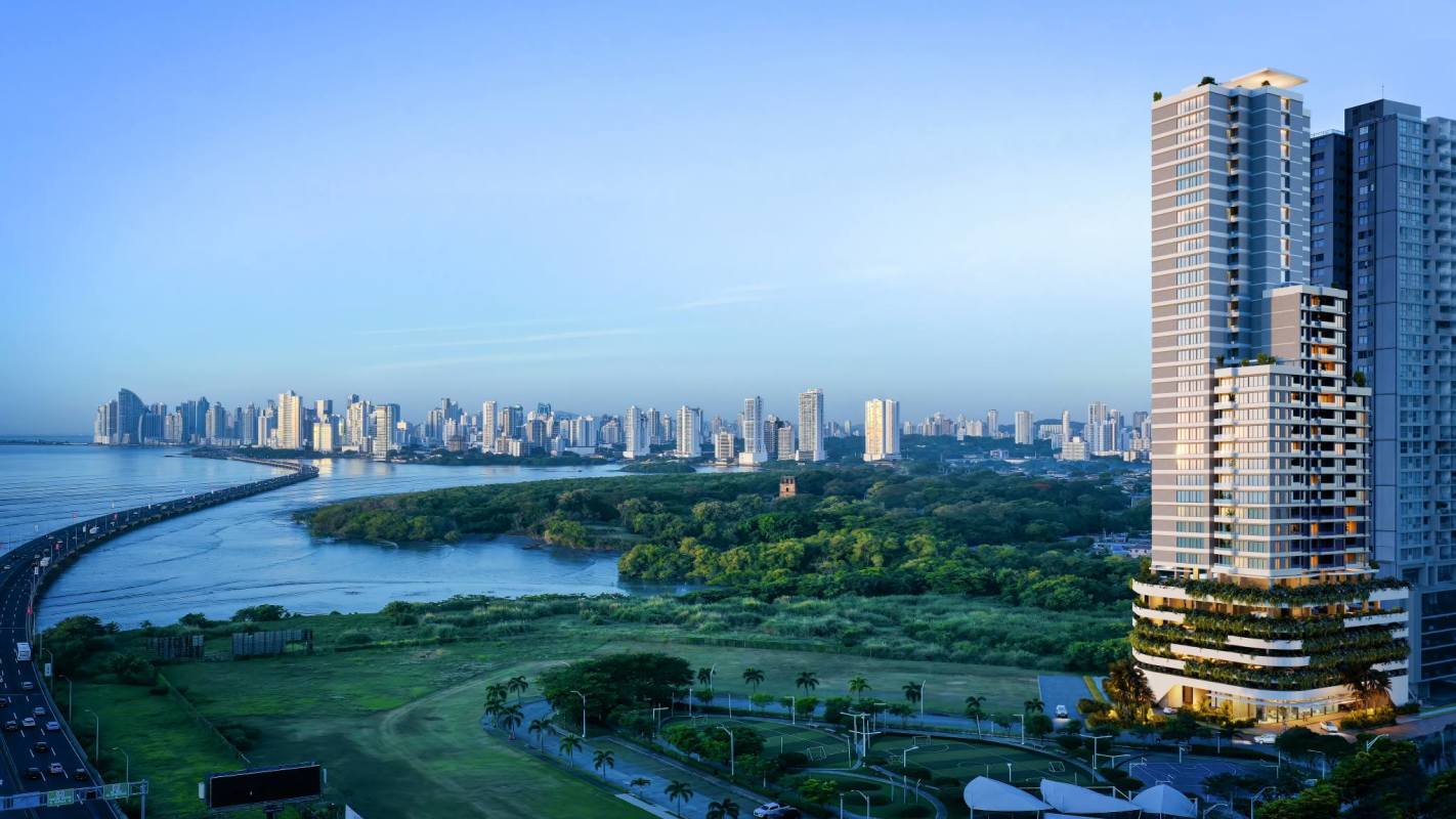 Luxury waterfront Kai condominium towers in Costa del Este with ocean views