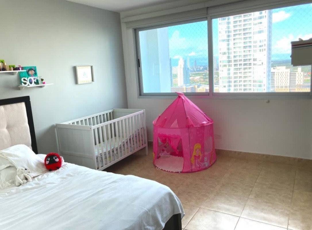 Nursery with crib and panoramic city views in luxury Costa del Este PH Titanium Panama