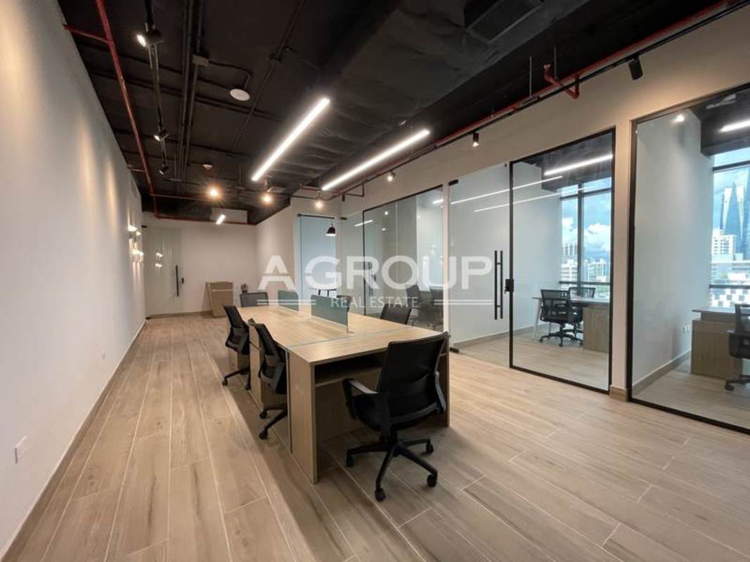 Modern minimalist office with large window and skyline view in PH Tower Financial Center Panama City