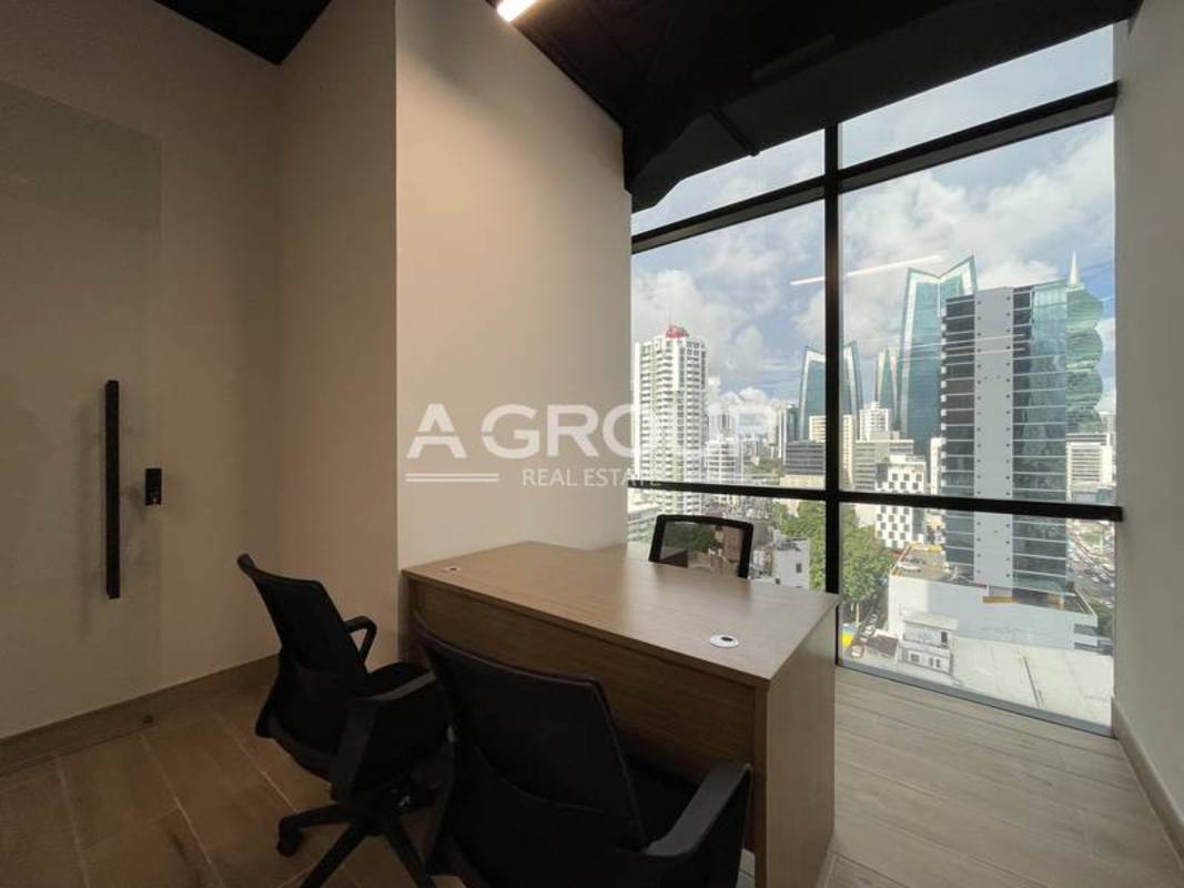 Modern office with glass partitioned rooms in PH Tower Financial Center Panama