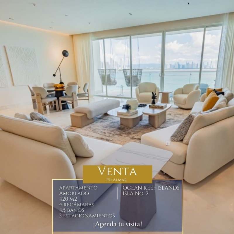 Sunlit contemporary living area with balcony and ocean views at PH Almar Ocean Reef Panama