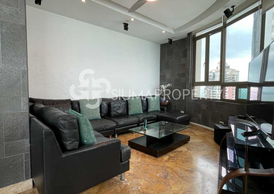 Private office with floor-to-ceiling ocean view windows in luxury condo Costa del Este Panama