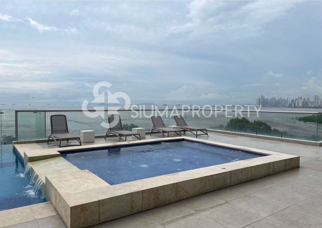 Rooftop pool with panoramic ocean and city skyline view PH Costa del Este Panama