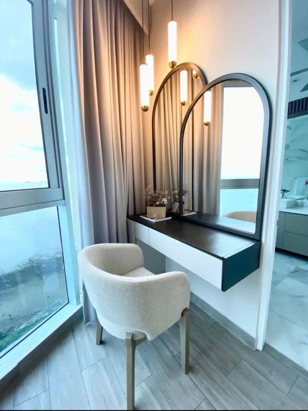 Large balcony with ocean view perfect for outdoor dining at Pearl at the Sea in Costa del Este Panama