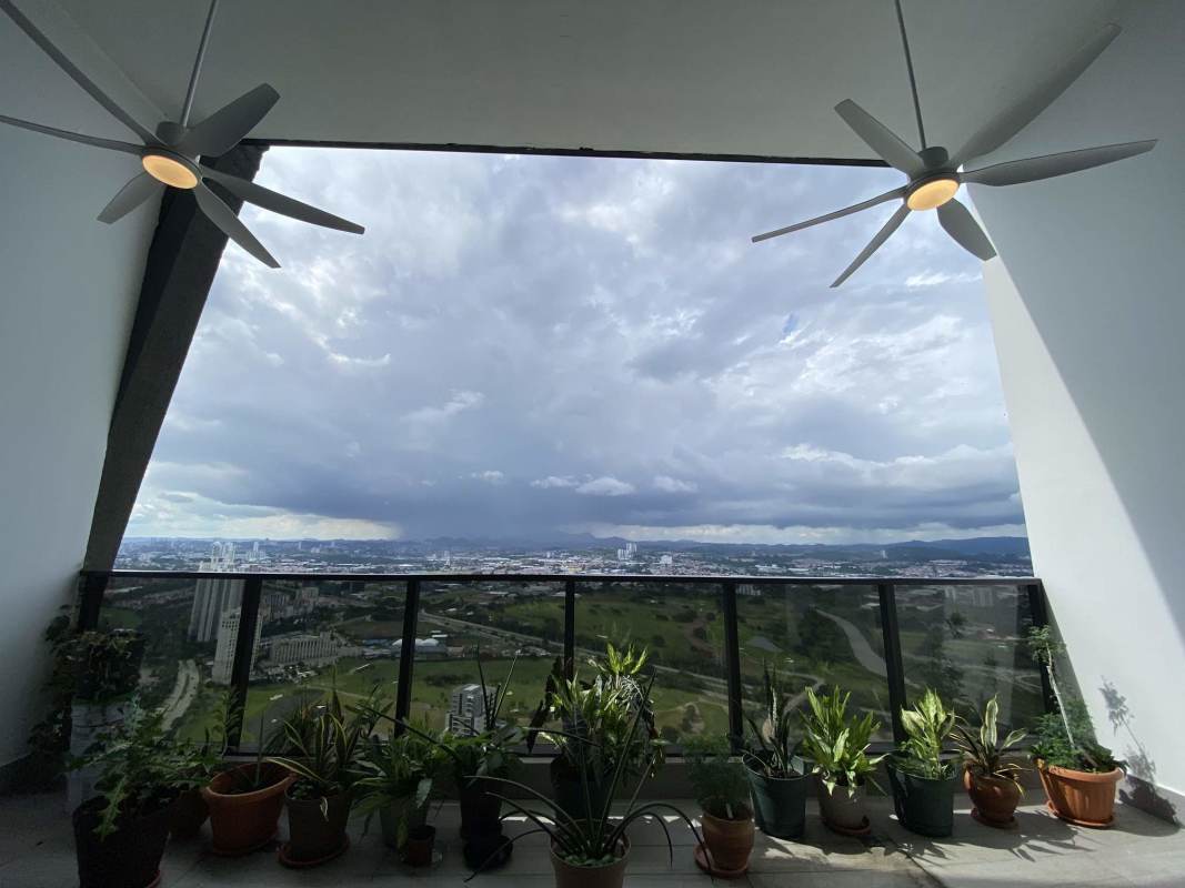 Spacious balcony with ceiling fans, glass railing overlooking Santa Maria golf and skyline