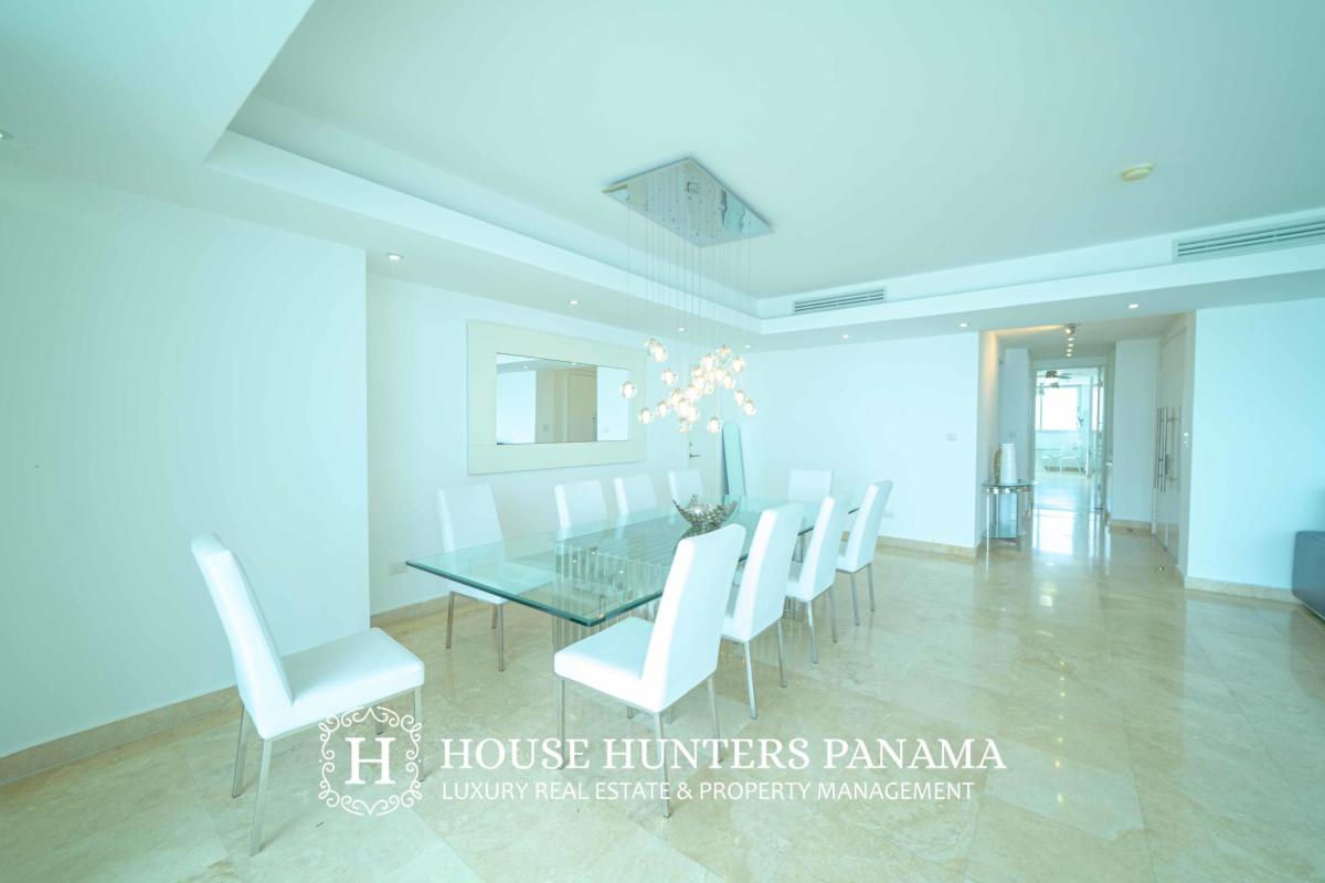 Luxury dining room with marble flooring and skyline views PH Pearl at the Sea Costa del Este Panama