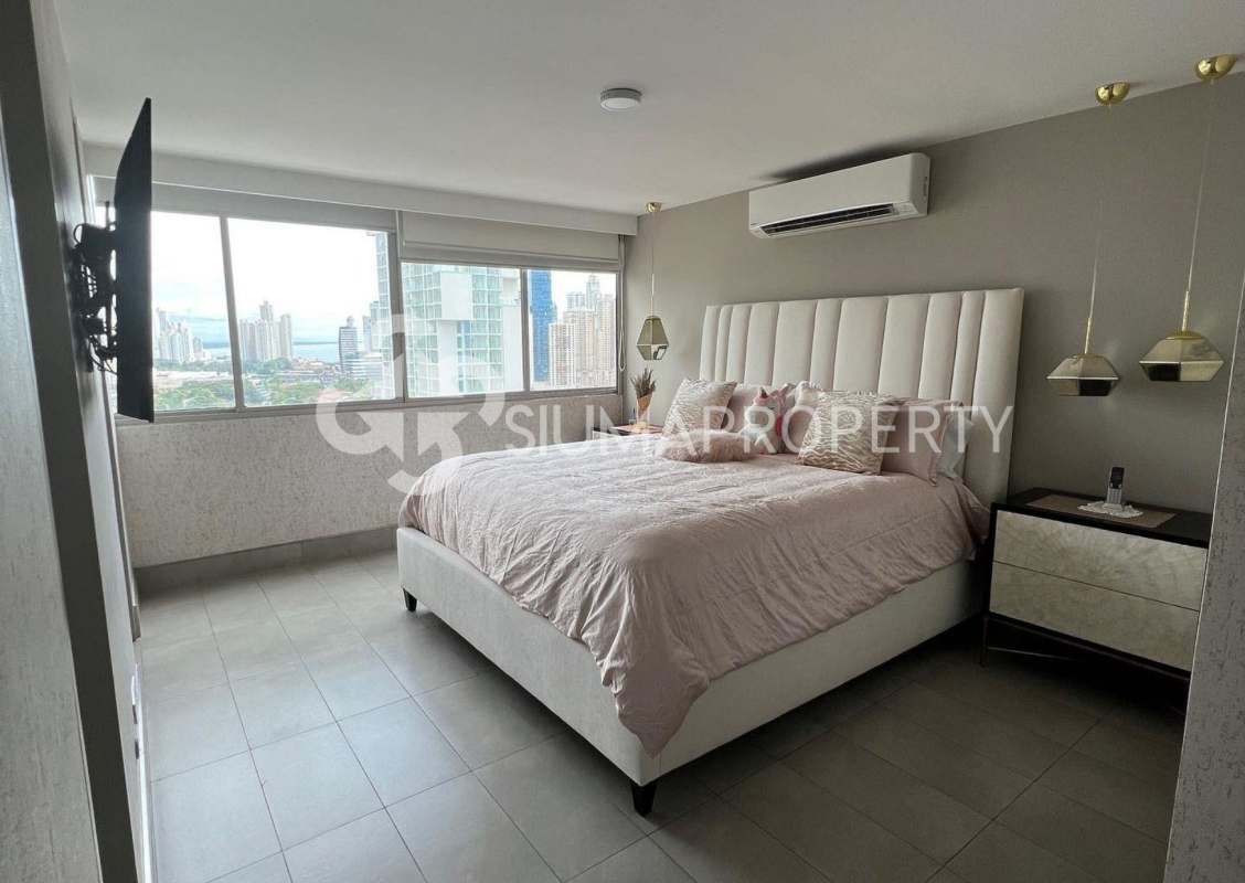 Minimalist interior space with large window tiled floor in PH Marbella Tower 1 in Panama