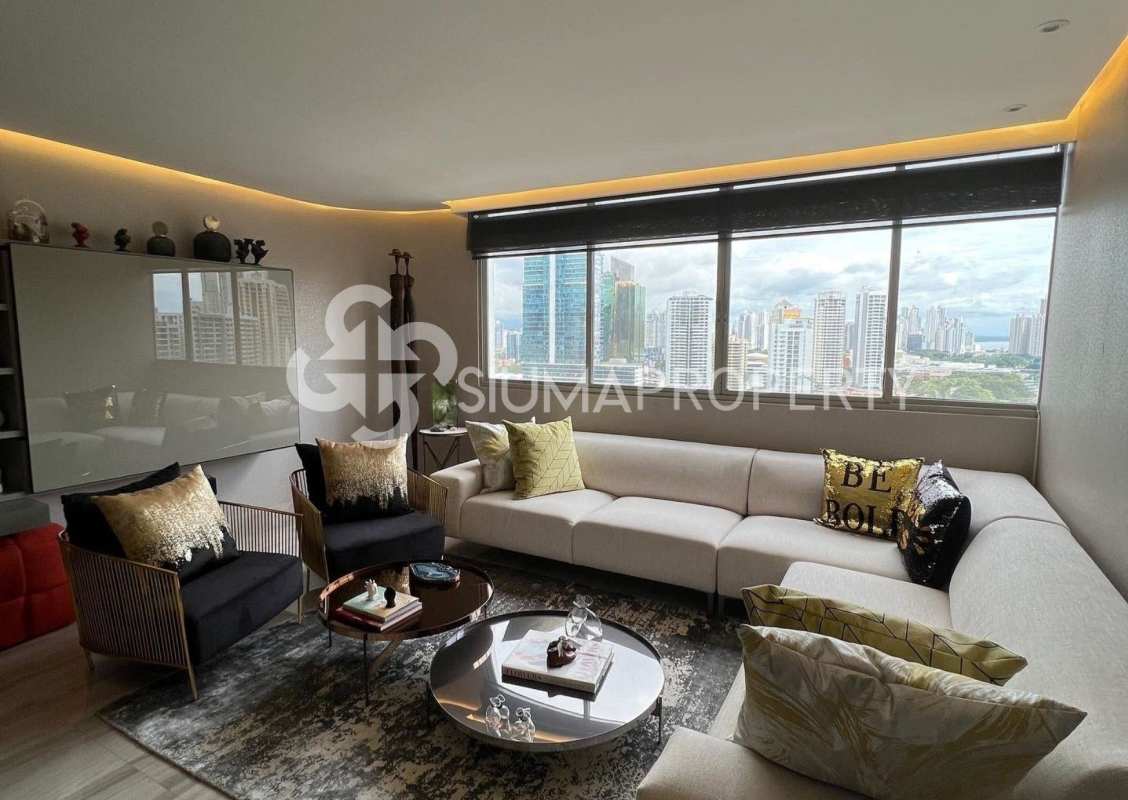 Elegant marble entry hall glass console colorful artworks PH Marbella Tower 1 Panama