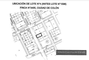 City plan showing Lot No. 4 (old 1598) from Finca 3455 with streets and lots labeled in Barrio Norte Colón
