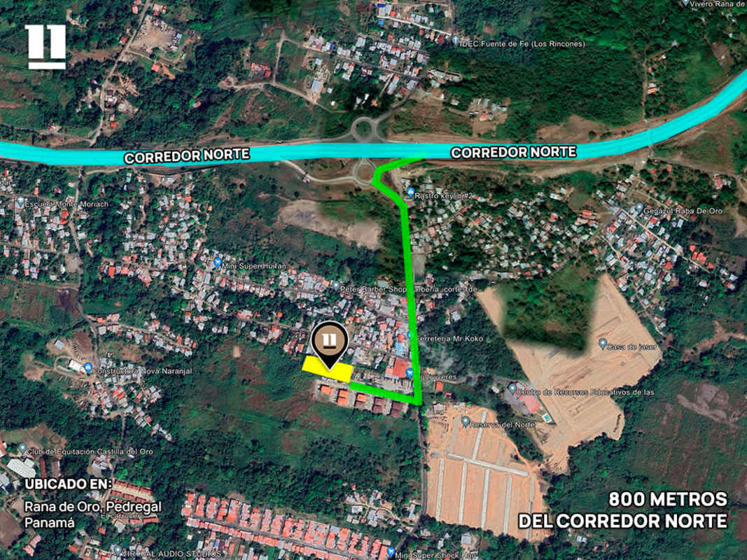 Aerial satellite map marking Las Mañanitas, Pedregal, metro stations and major highways Panama City
