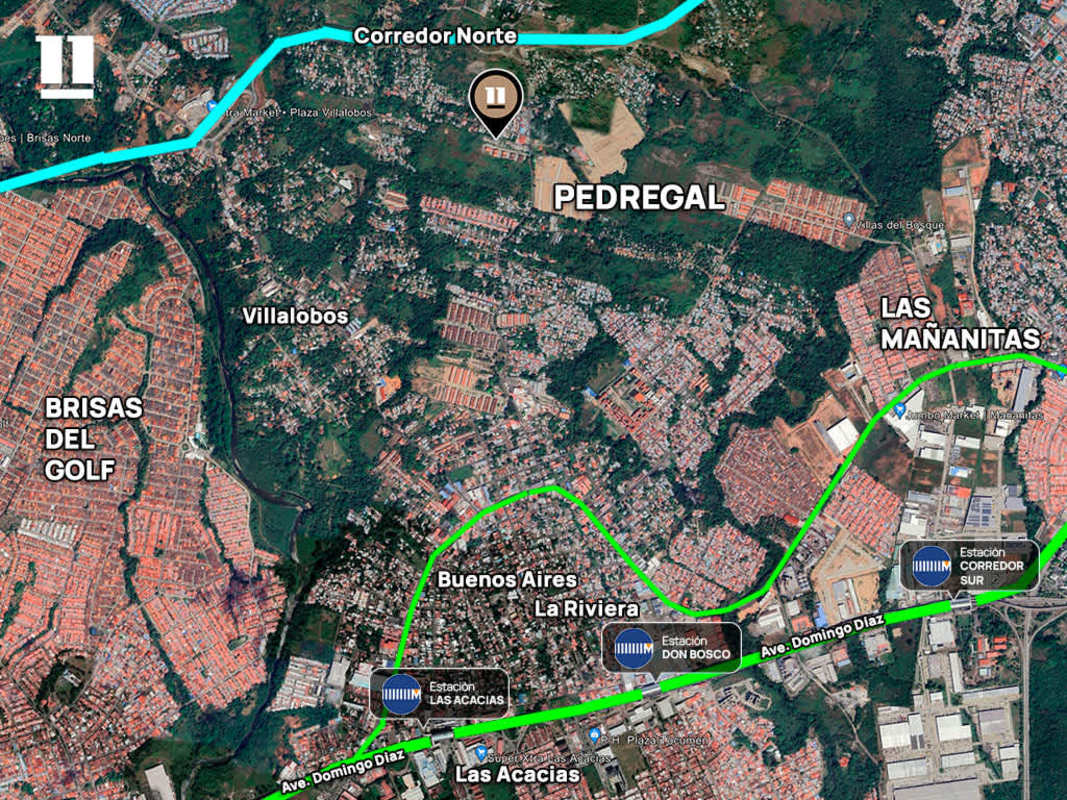 Aerial view map showing highway access and urban areas near Rana de Oro Pedregal Panama