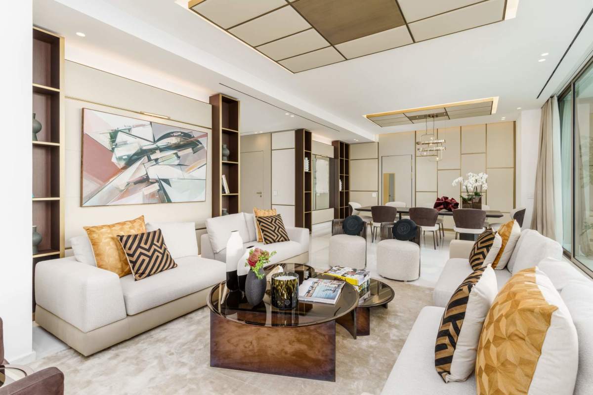 Luxurious open-plan living and dining room marble floors Fendi design apartment Santa Maria Golf Panama