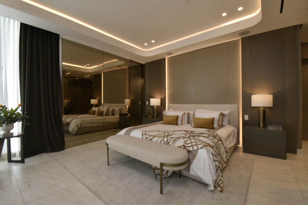 Bedroom luxury finishes mirrored closet windows Fendi Casa apartment in Santa Maria Panama