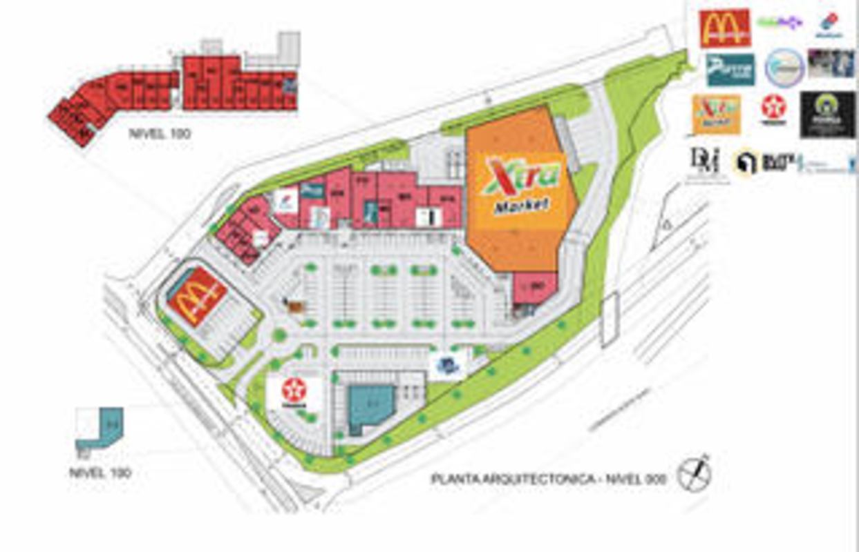 Architectural site plan of Plaza Villalobos showing layout of shops, parking, and common areas in Panama City