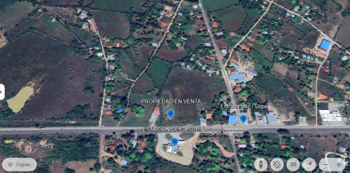 Aerial image of large land plot with gas station, Panamerican Highway, commercial zone Rio Grande Coclé