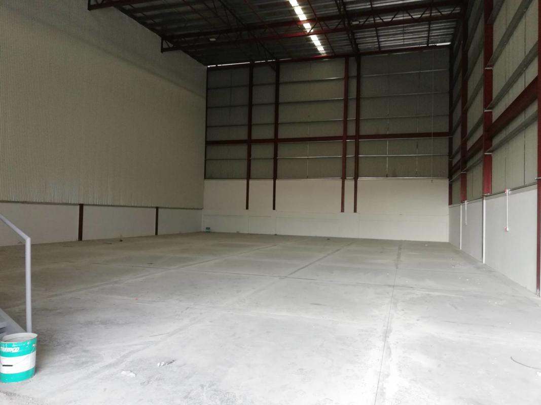 Bright empty office area inside warehouse with glass doors white walls fluorescent lighting in Las Mañanitas